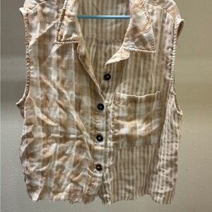BiBi Beige and White Striped Sleeveless Button-Down Shirt